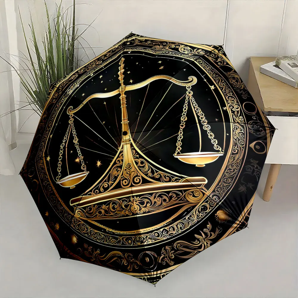 Golden Balance Scales on Starry Black Background Compact Fashion Folding Umbrella for Daily Use, Christmas Gift