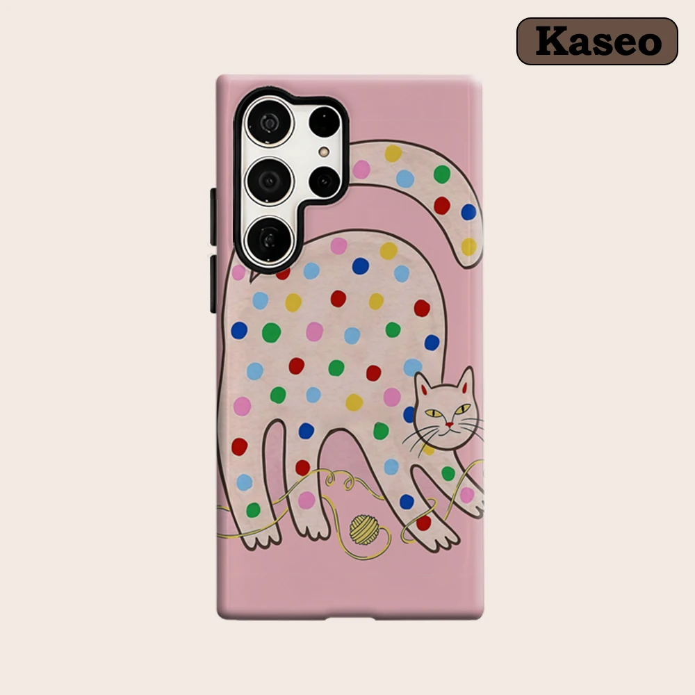 Kaseo Phone Case for Samsung Galaxy S26 S25 Ultra S24 S23 Ultra Plus Shockproof Double Layer Color Dot Cat & Yarn Cover