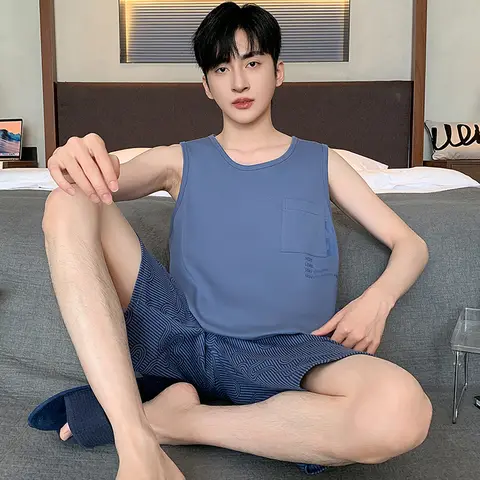 큰 사이즈 L-4XL 코튼 Nightwear 남성 잠옷 세트 민소매 Nightwear 여름 O 넥 반바지 Homewear pijama hombre Dropship