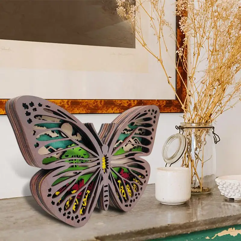 Wooden Butterfly Wall Decor Three-Dimensional Animals Carving With Light Multi-Layer Hollow Out Cabin Decor Wall Art For Indoor