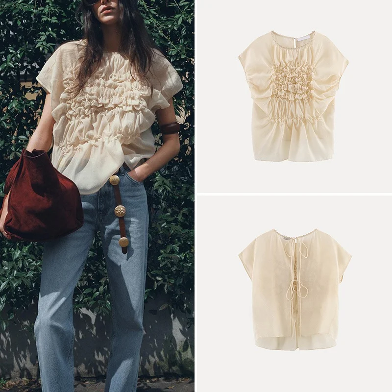 Spring 2025 Women's round Ne ort Sve Embroidered Flower Decorated irt Polyester Fiber 00% Versatile Sle Z