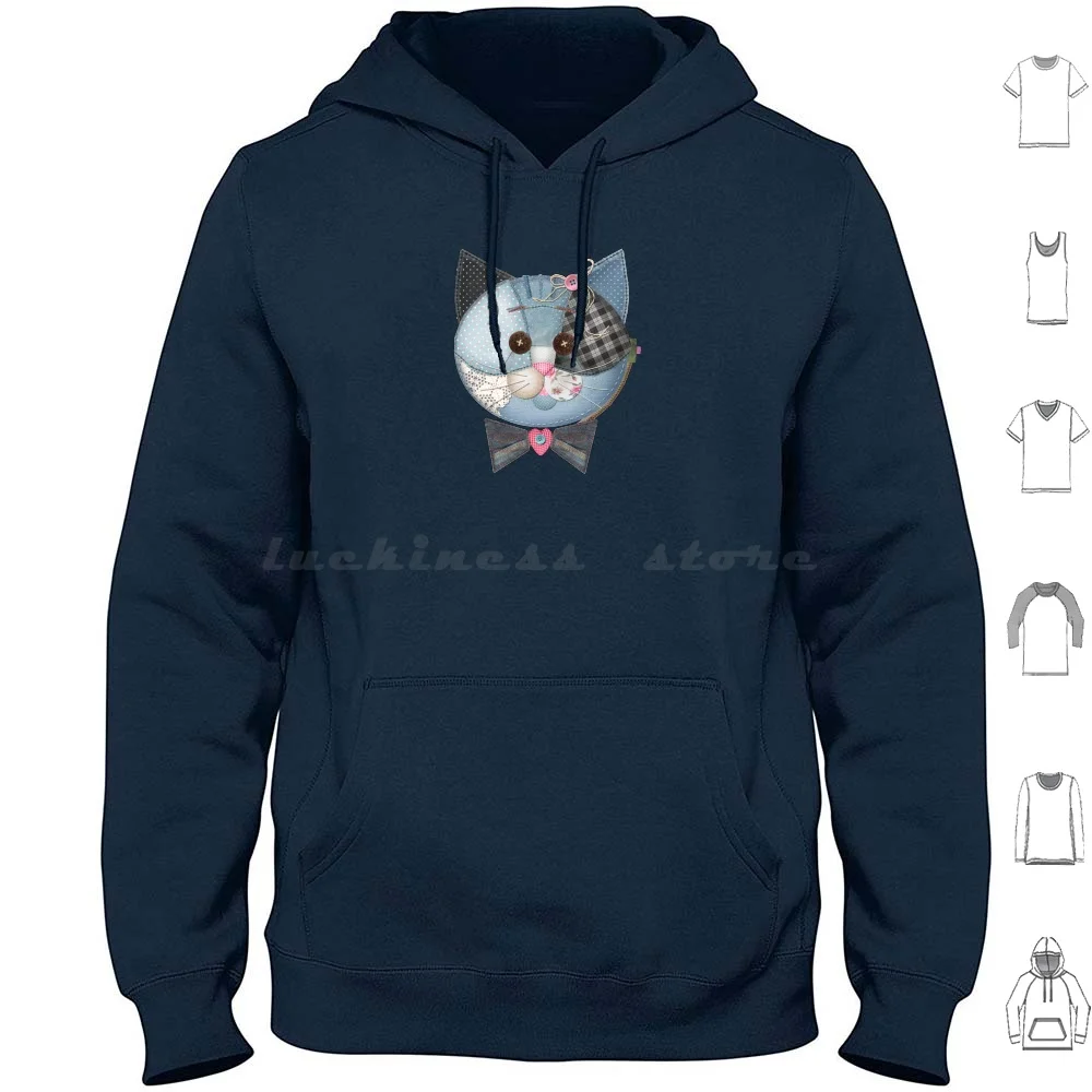 Blue Jeans The Patchwork Cat Hoodies Long Sleeve Cat Kitten Kitty Cats Patchwork Quilting Blue Blue Jeans Jeans Bow Tie