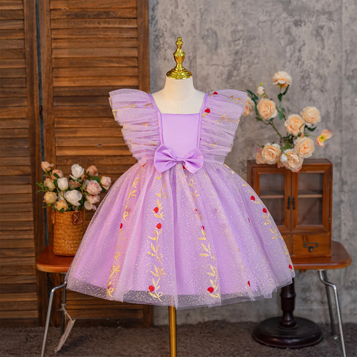 Summer New Popular Mesh Printed New Year's Dress Skirt Mesh Puff Dress Big Flying Sleeve Girl Princess Skirt