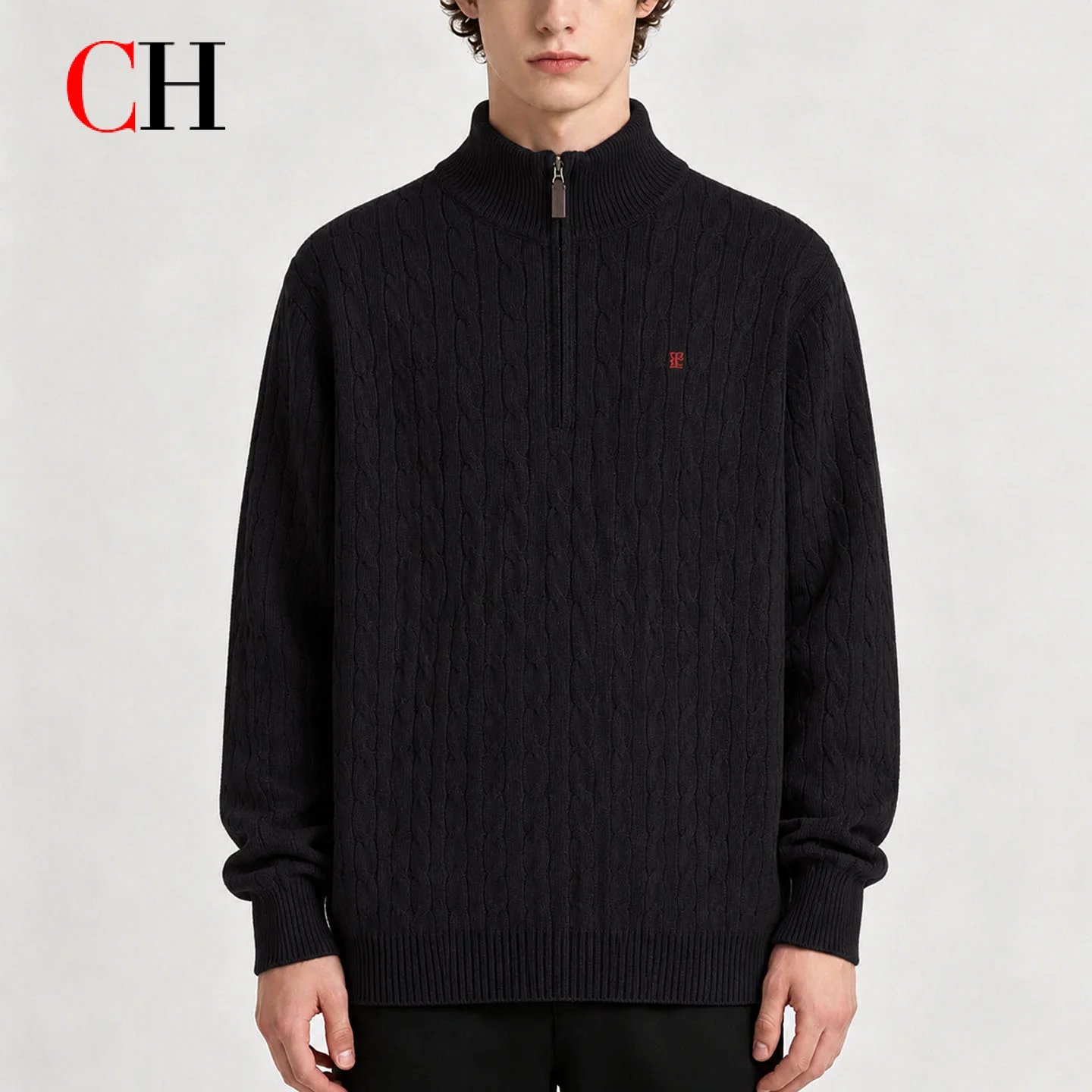 CH Men's Cable Knit Quarter Zip Sweater Stand Collar Soft Warm Long Sleeve Casual Winter Pullover