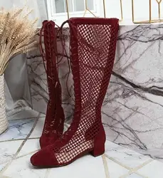 Carpaton Summer Fashion Knee High Boots Round Toe Lace-up Chunky Heels Sandal Boots Women Runway Gladiator Heels Black Wine Red