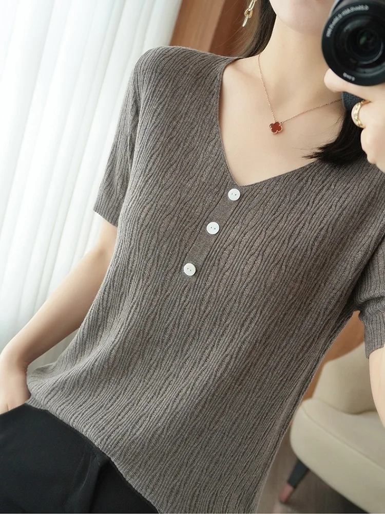 TuangBiang Summer 2023 Translucent Hollow Out Women Pullovers Button V-Neck Short Sleeve Knitted Grey T-Shirt Cotton Thin Tops