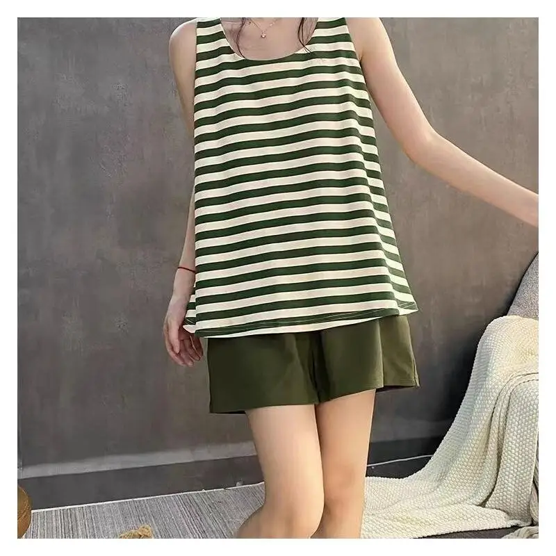 

Women's Pajama Set Fashion Homewear Sleeveless Tank Pajama Milk Silk Striped Women Summer Loungewear With Padded Bra Outdoor