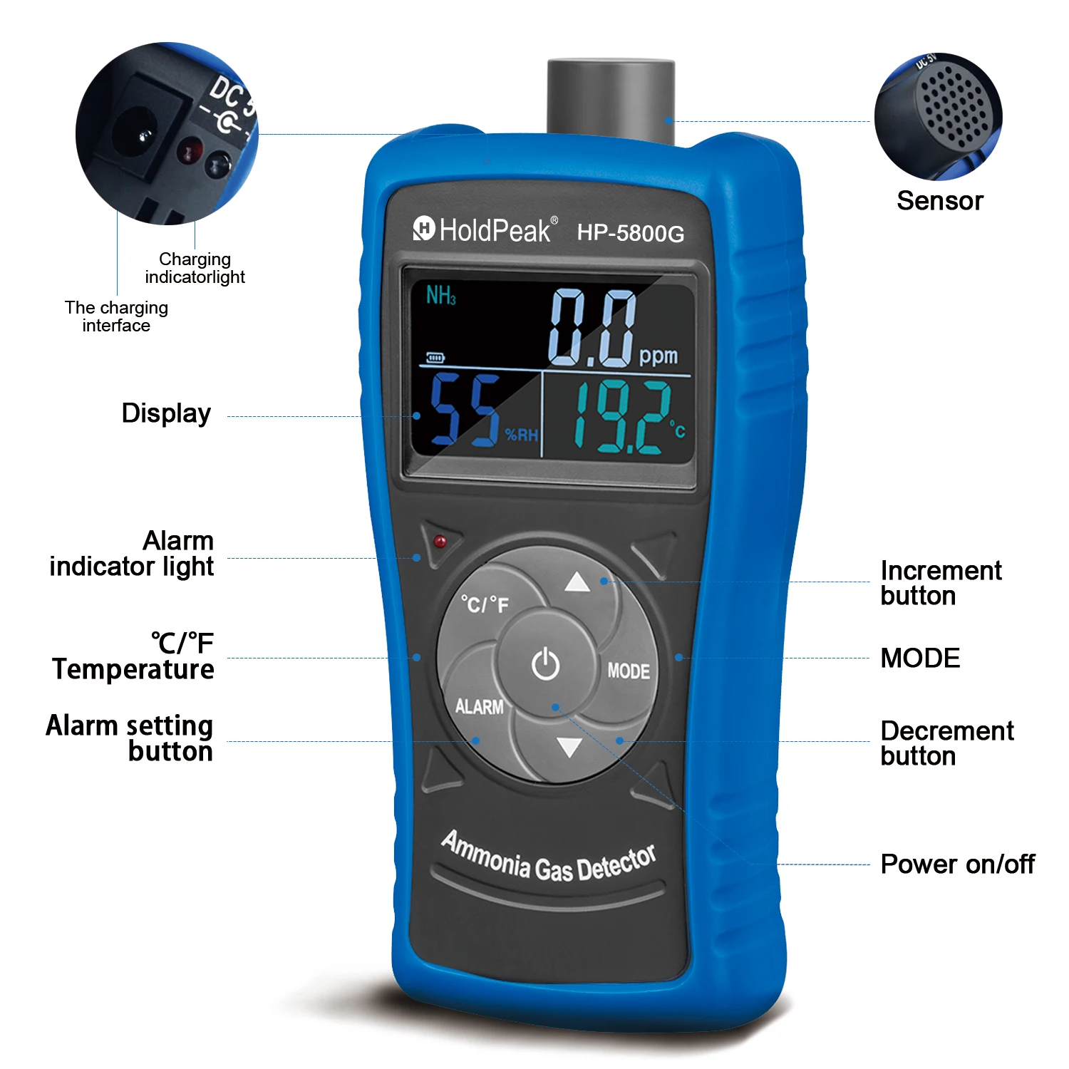 Holdpeak HP-5800G Digital LCD Gas Analyzer Tester 0~100 PPM Ammonia Leak Detector for Home Industrial Laboratory Use