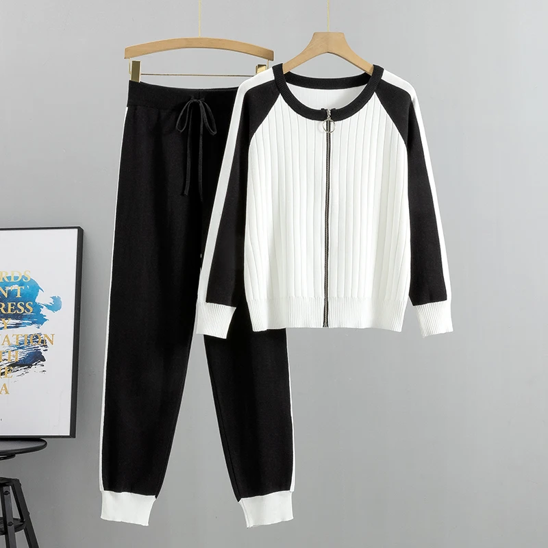 Casual Two-Piece Sweater Cardigan Jacket 2023 Autumn New Womens Knitted Suit Fashion Baseball Sports Zip Top And Pants Set