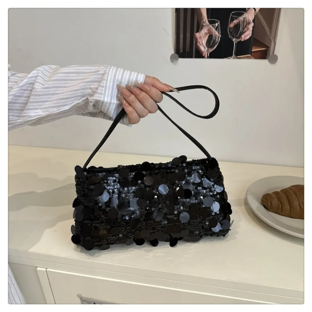 Women Fashion Lightweight Sequin Shoulder Bags Evening Party Large Capacity Underarm Bag Solid Color Female Handbag