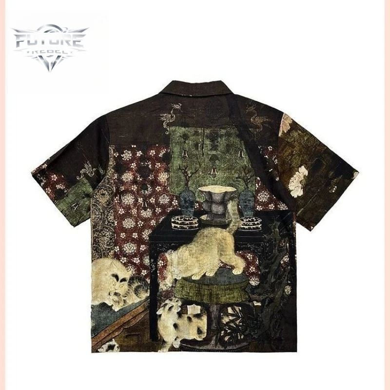 Mens Shirt Chinese Style Print Hawaiian Short Sleeve Top Harajuku Unisex Loose Fit Casual Couple Streetwear Summer Fashion Trend