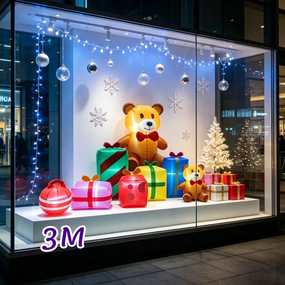 3M long Christmas Multi-color Inflatable Gift Bear Set Built LED Lights Suitable Indoor Outdoor Lawn Display Window Decoration
