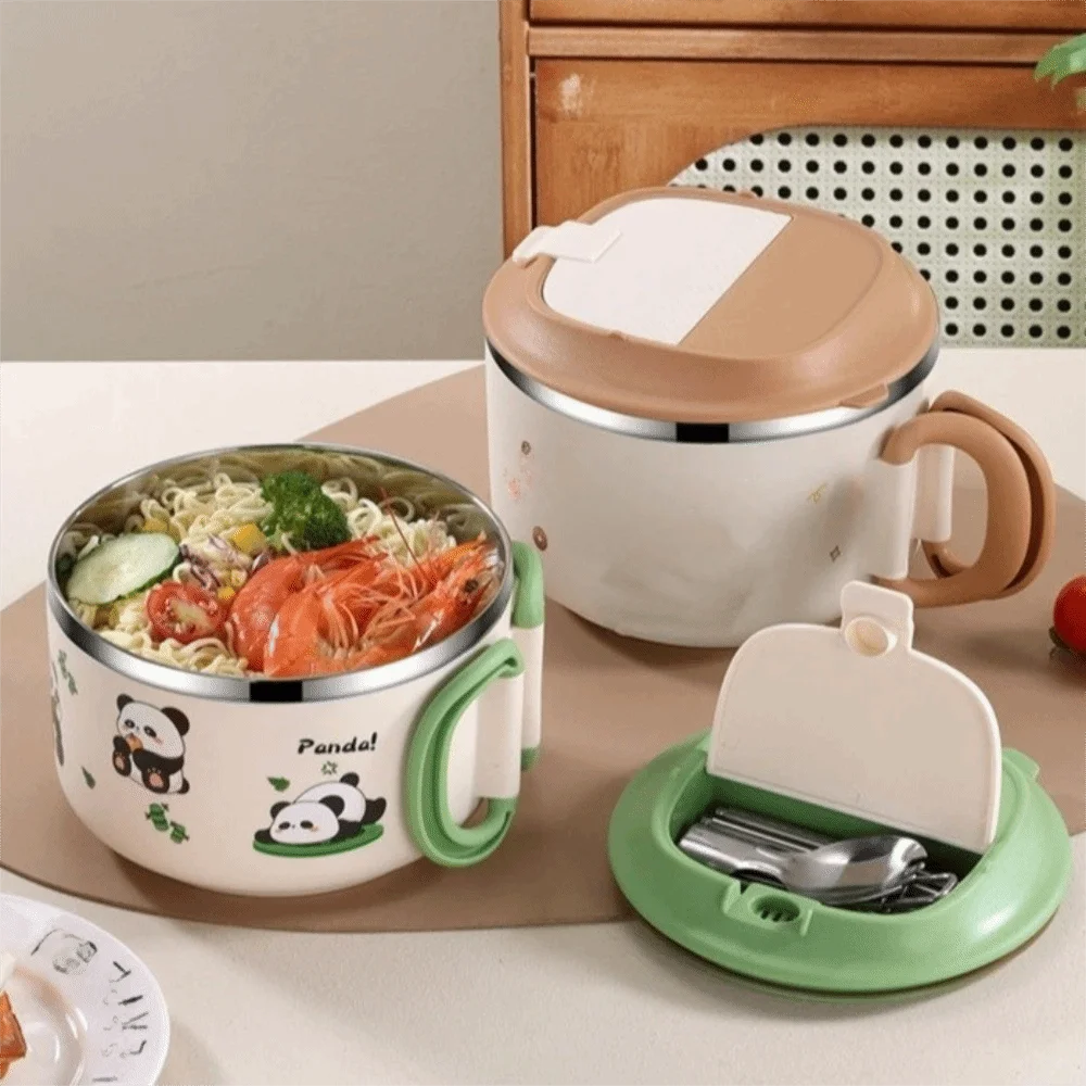 Cute 1000ML Instant Noodle Bowl Cartoon Stainless Steel Rice Soup Bowl Large Capacity with Handle Lunch Box Dormitory Students
