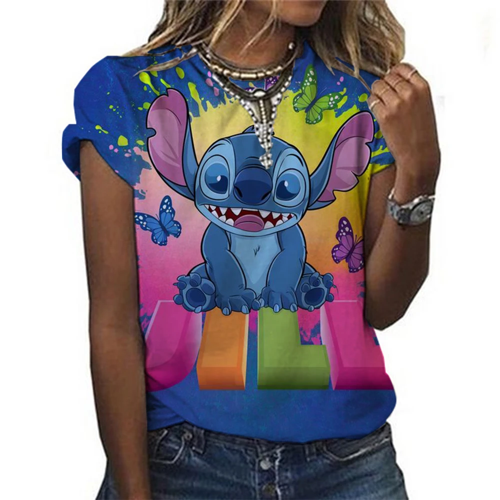Kawaii Lilo Stitch Print T-shirts Tops for Women Lady Summer Children T-shirts Casual O-neck Ohana Stitch Disney T-shirts