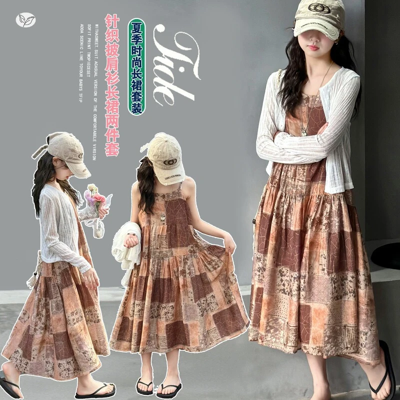 

Girls' Vintage Hong Kong Style Suspender Dress Set2026Summer new long-sleeve cardigan dress two-piece set for older children