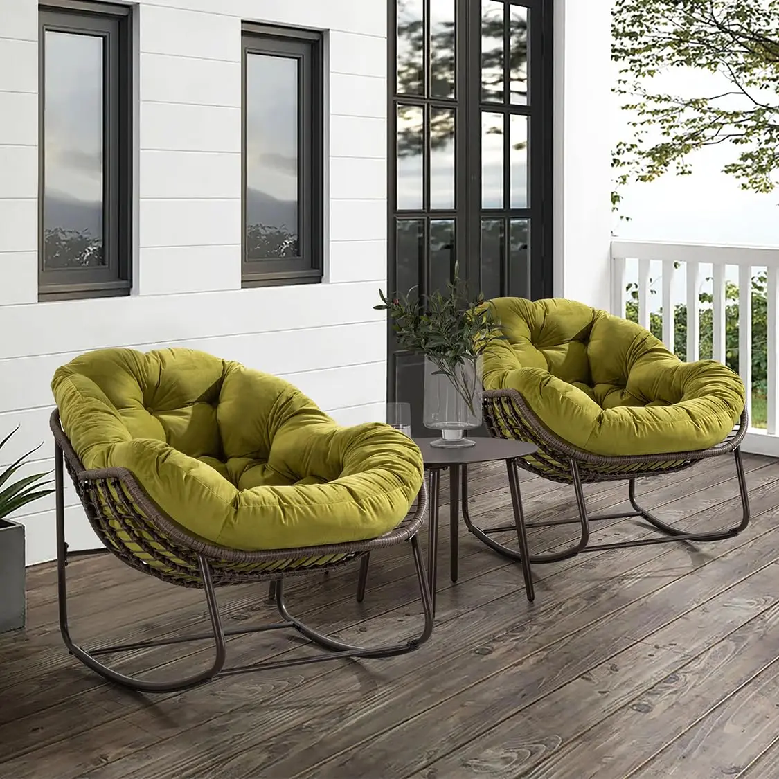 Oversized Outdoor Rocking Chair Set 2, Upholstered Papasan Lounge Chair for Patio Garden Porch, Olive Green, Customized