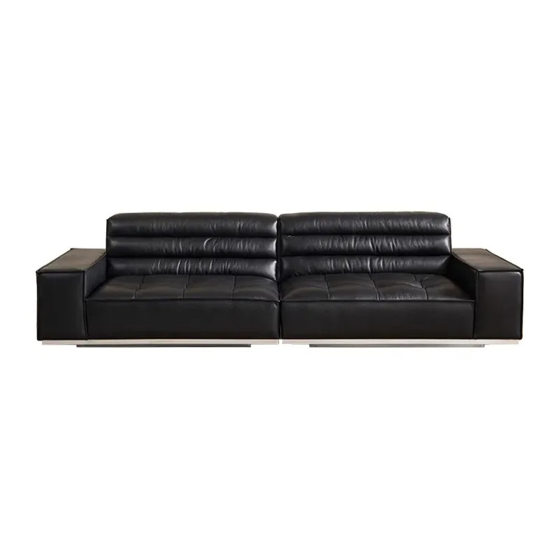 Leather sofa, large flat-floor villa Italian minimalist living room top layer cowhide straight-row sofa