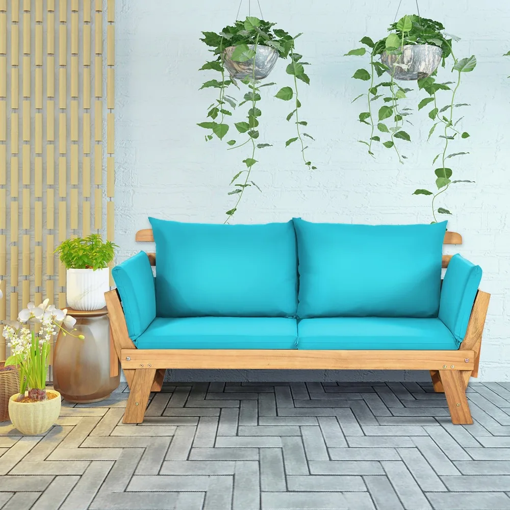Adjustable Patio Sofa Daybed Acacia Wood Furniture w/ Turquoise Cushions