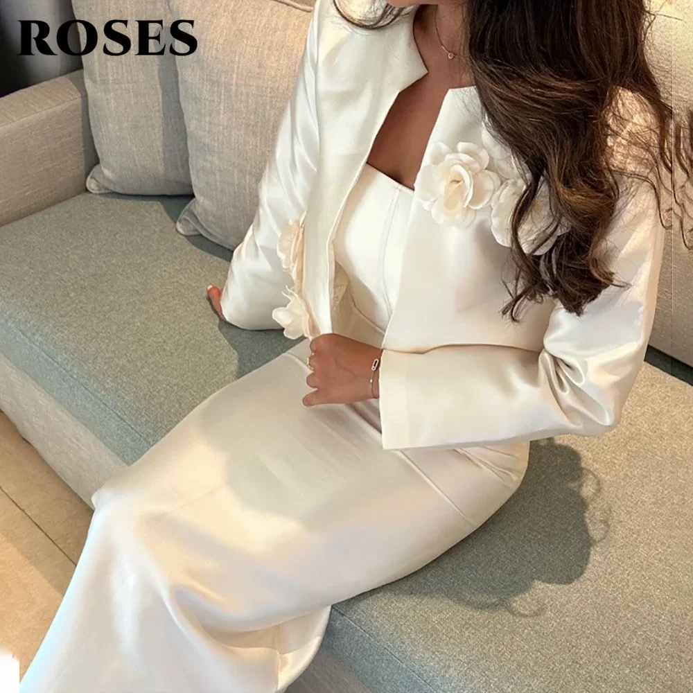 ROSES Ivory Party Dress Mermaid Satin فستان سهرة with Full Long - Sleeved Jacket with Rose Appliques Prom Dress Customi