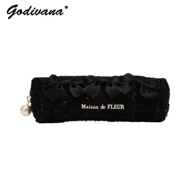 Japanese Style Cute Bowknot Pearl Tweed Pencil Case Mini Organizer Sweet Girls Female Makeup Bag