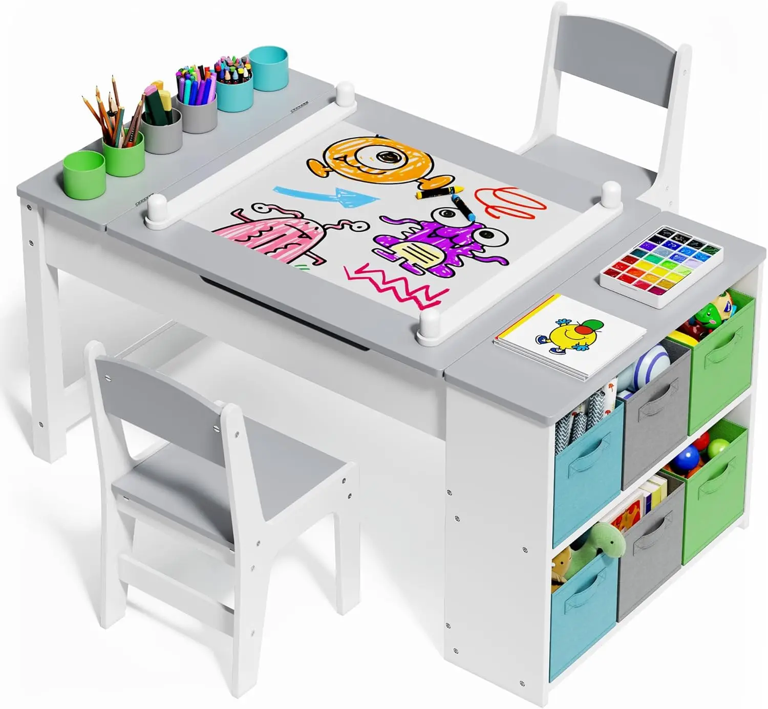 

Kids Art Table and Chairs with Removable Tabletop Storage,Toddler Craft Table and Chair Set for Drawing Studying Playing Wooden Kid Acitivity Table in Playroom Kids Room Living Room, Gray