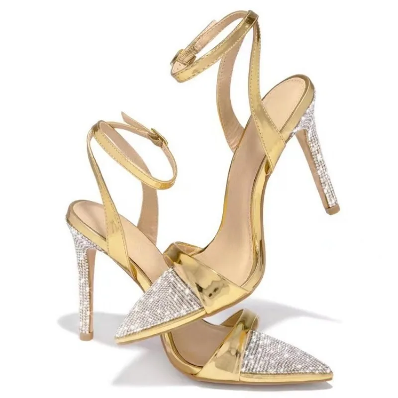 New Elegant Party Sandals Women Wedding Banquet Shoes Sexy Crystal Rhinestones Pointed Toe Stripper High Heels Gold Sandalias