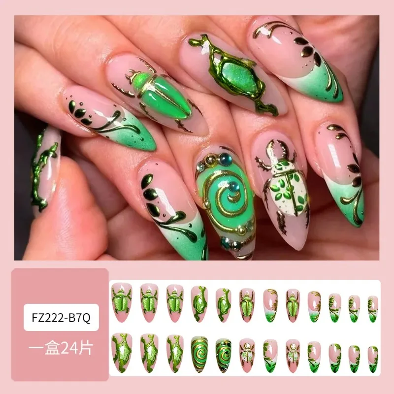24PCS Artistic False Nails Fantasy Beetle Diamond Almond Press on Nails with 3D Gilt Design European American High Quality Nails