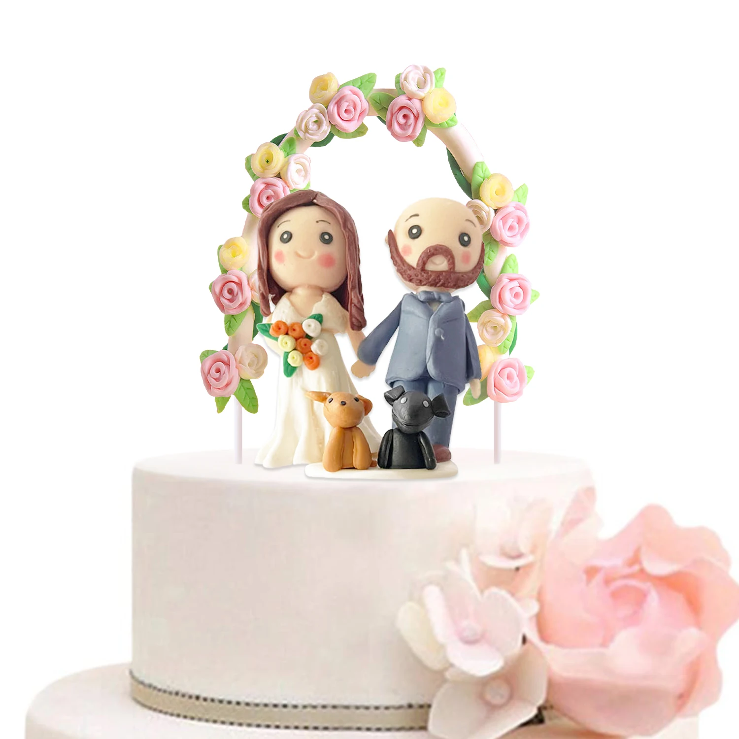 Blumenkranz Bogen Braut & Bräutigam Hochzeitstorte Topper Romantische Hochzeit Party Kuchen Dekoration Entzückende Figur Handwerk Geschenk