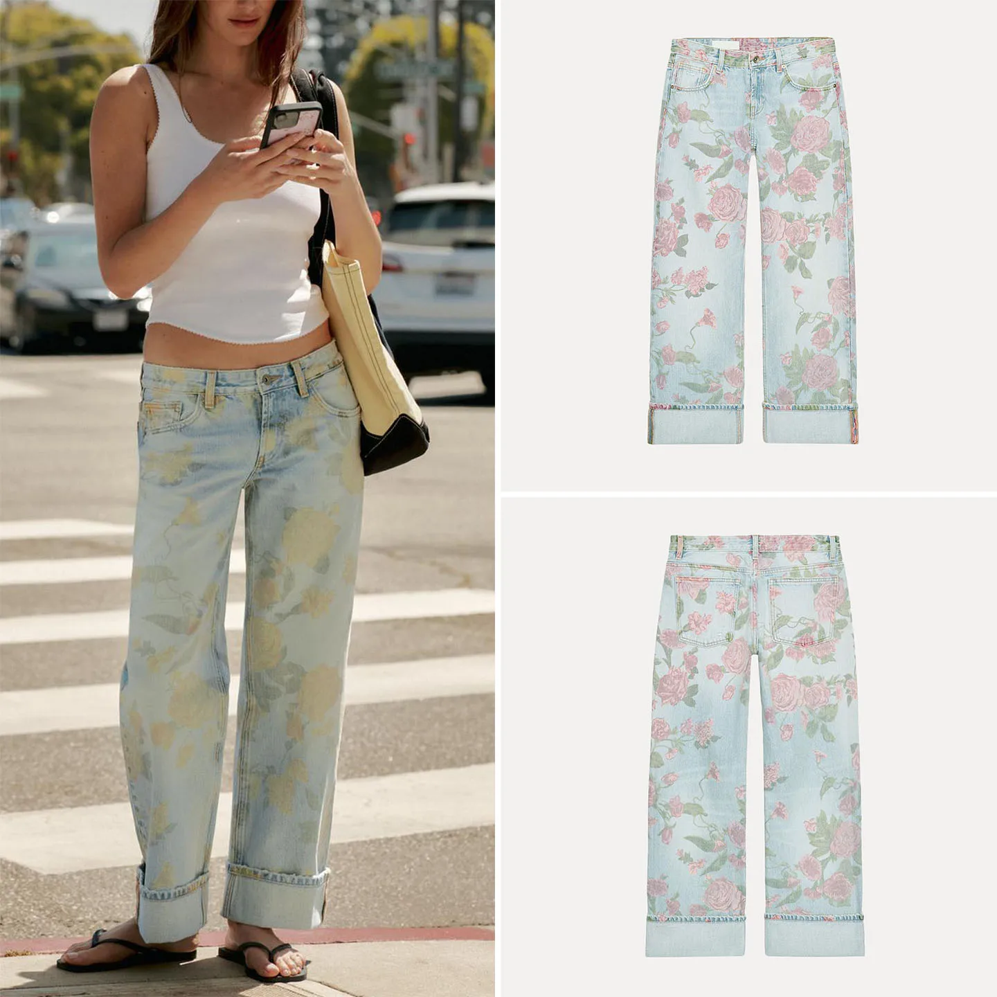 Fashionable Low Waist Straight Leg Printed Jeans Women's Summer Clothing Matching Style Cuffed Denim Pants ZADATA Brand