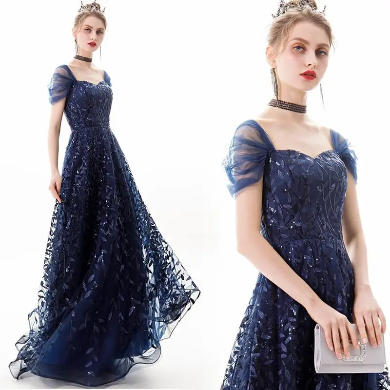 

RONGKUN Luxury Blue Formal Evening Dresses Women Sequined Sparkle Wedding Party Guest Dresses Strap Prom Gown Evening Dresses