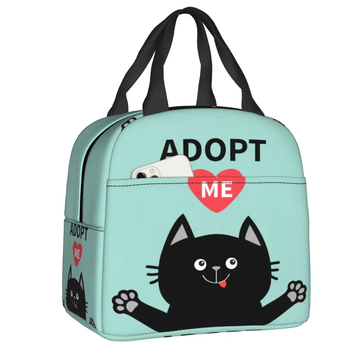 Custom Cute Adopt Me Black Cat Thermal Insulated Lunch Bags Women Kitten Lunch Container for Outdoor Picnic Storage Food Box