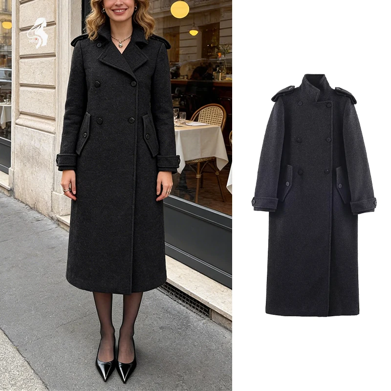 

Women Winter Coats Double Breasted Womens Coat With Stand Collar And Shoulder Epaulets Vintage Stylish Long Commuter Jacket