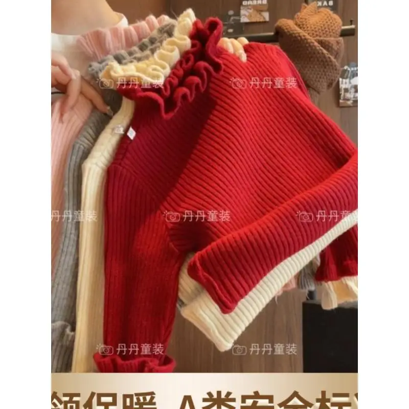 Girls Winter Warm Sweater Solid Color Versatile Ruffle Collar Half High Neck Thickened Knit Top for Autumn Cold Weather Fashion
