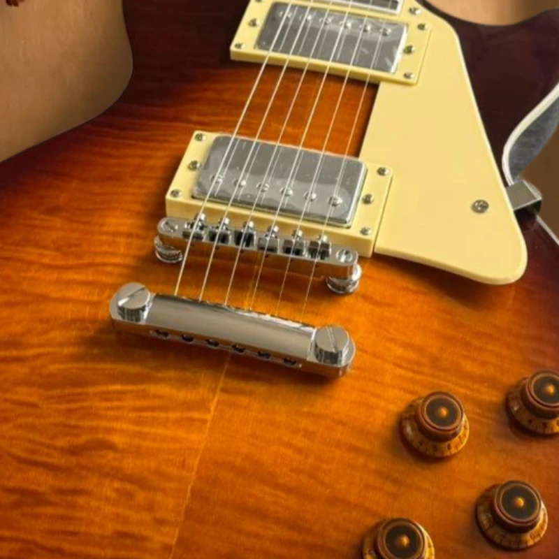 Tiger Flame Sunburst LP0S Single Cut Round Top Electric Guitar Dual Humbuckers Chrome Hardware Solid Body Guitar Free Delivery