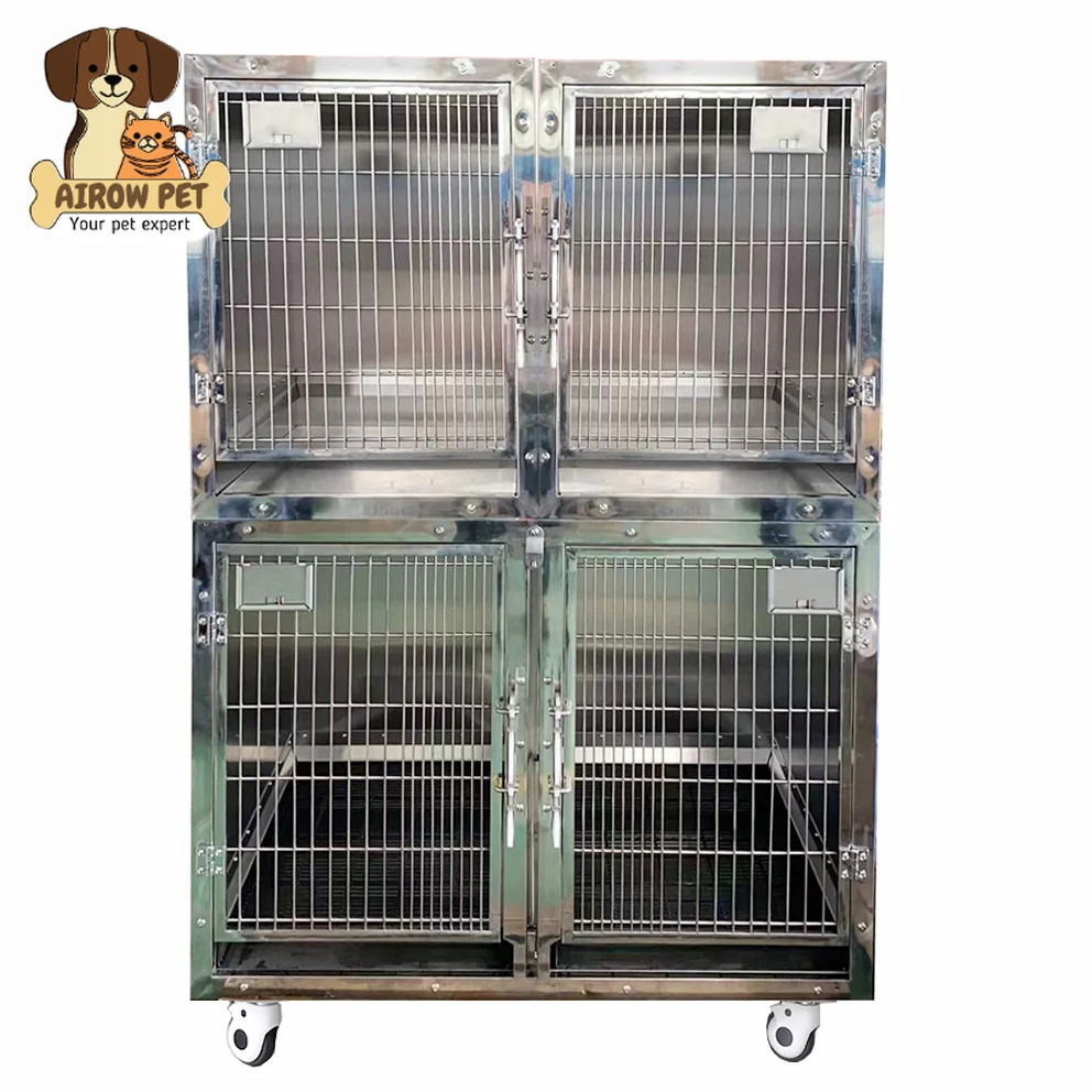 AIROW PET Stackable 304 Stainless Steel Vet Cage Removable Quality Veterinary Clinic Pet Cages Removable with Wheels