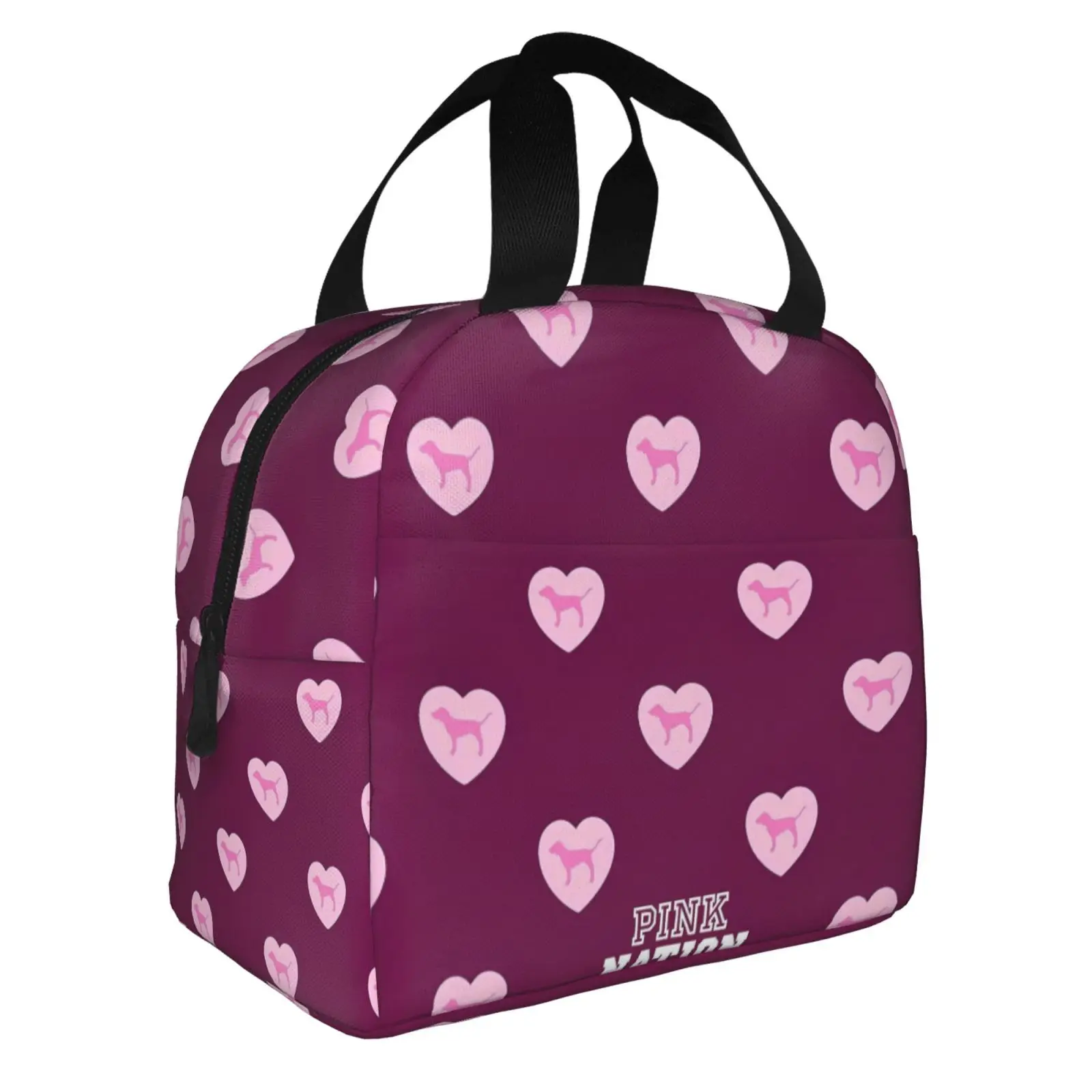 Love Pink Dog Heart Pattern Series Print Lunch Tote Bag Insulated Leakproof Lunch Box Container with Front Pocket for Girls Boys