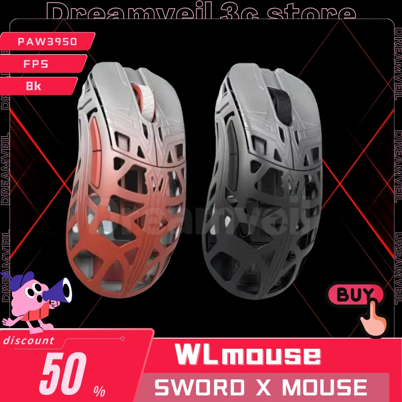 

Мышь WLmouse Sword X WanLing PAW3950HS Sensor Nordic 52840 Чип 8K FPS Беспроводная геймерская мышь Магниевый ПК Игровые аксессуары Подарок