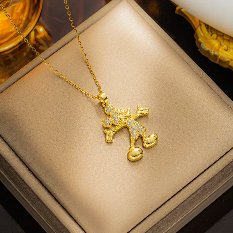 Disney Cute Cartoon Mickey Minnie Zircon Pendant Necklace for Women Girls Stainless Steel Chain Party Accessories Jewelry Gifts