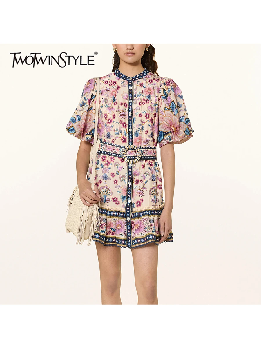 

TWOTWINSTYLE Hit Color Slimming Dresses For Women O Neck Short Sleeve High Waist Temperament Mini Dress Female Fashion Style New