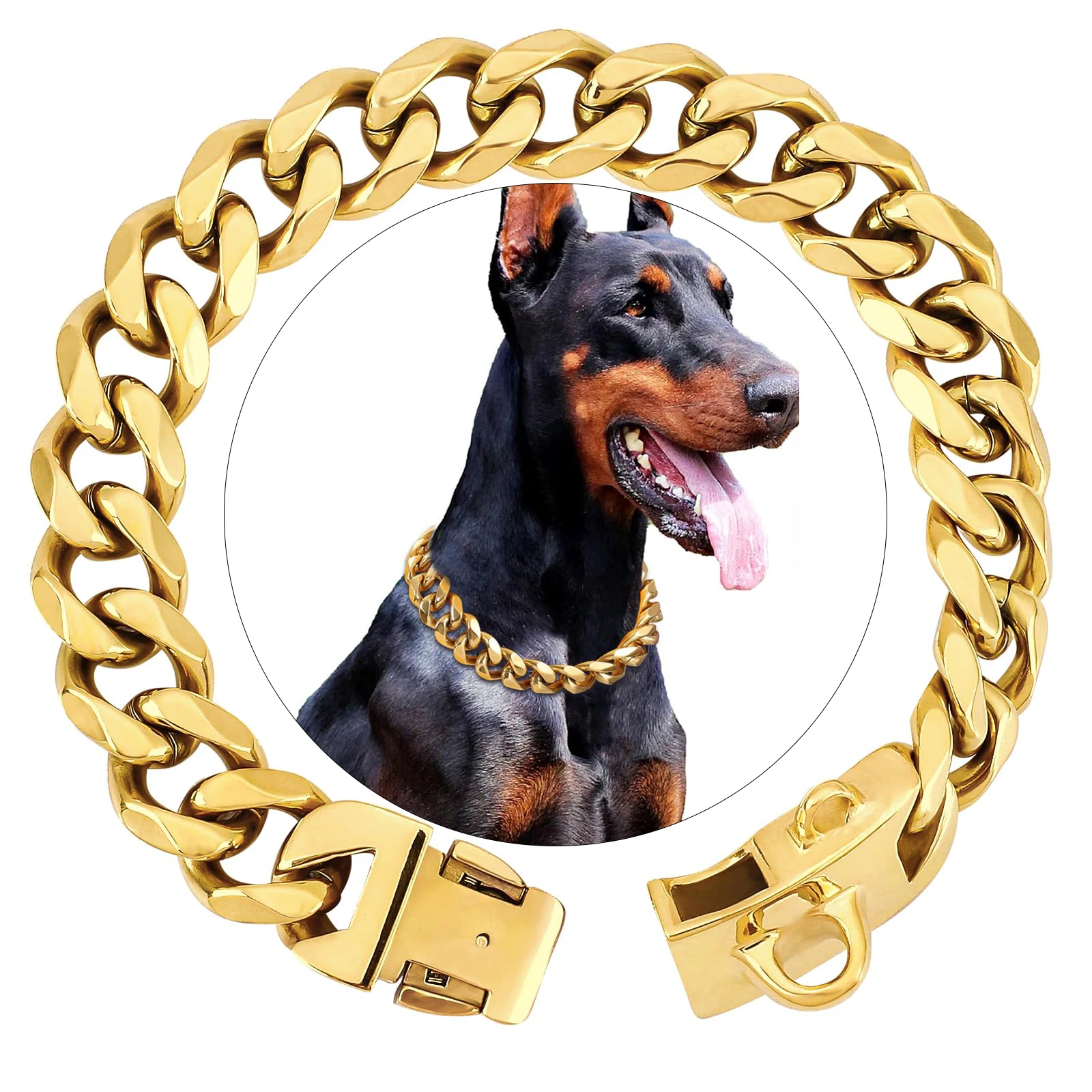 

Chew Proof Stainless Steel 19MM Gold Dog Chain Collar with Solid Buckle Pet Chains Collars for Large Dog