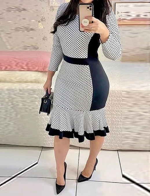 

Women's Dress Temperament Commuting Polka Dot Printed Contrasting Patchwork Long Sleeved Tight Ruffled Mermaid Midi Dress