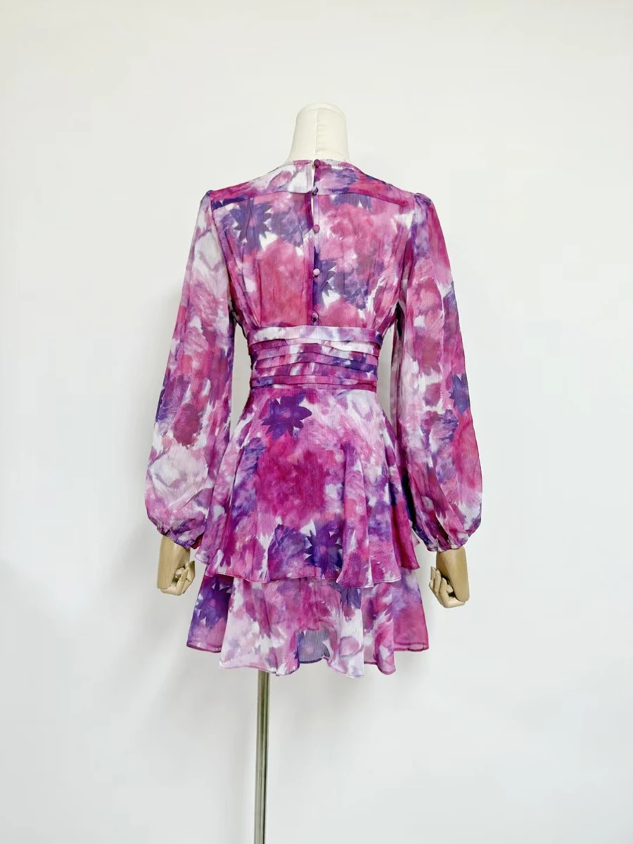 VGH Hit Color Print Slimming Short Dress For Women V Neck Lantern Long Sleeve High Waist Spliced Ruffles Dresses Female Fashion