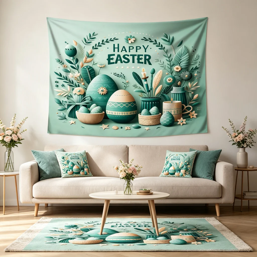 1PC Easter Green Egg Floral Art Print Backdrop Banner, Bedroom Living Room Photo Background, Polyester, Home Decor, Wall Art