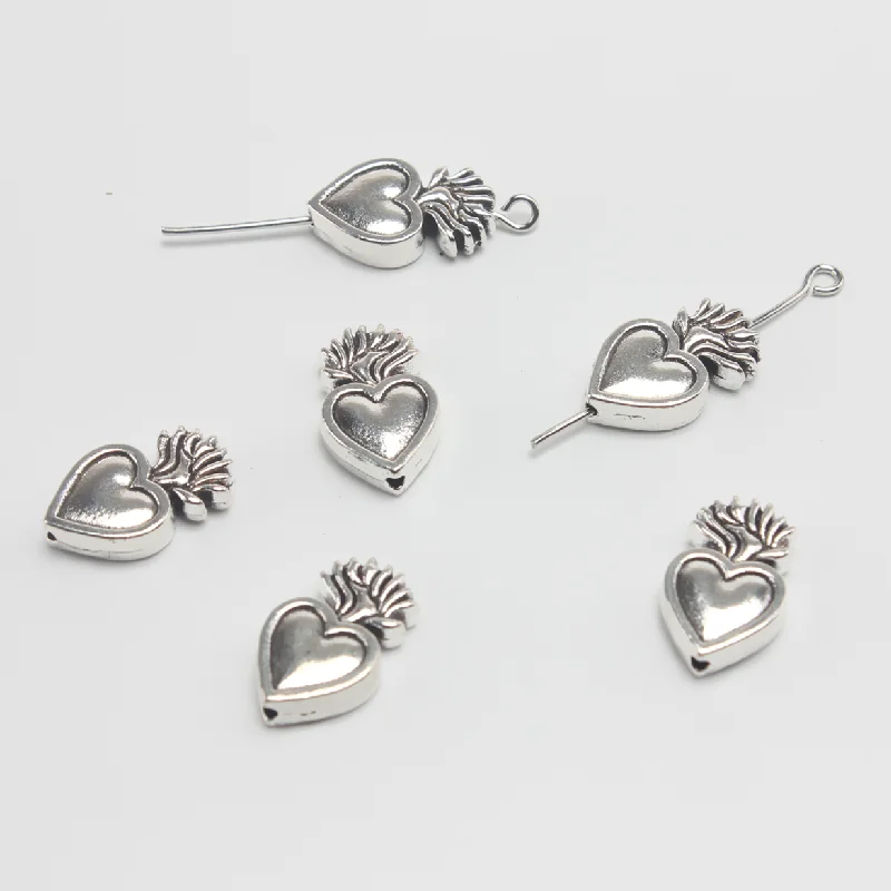 15pcs Silver Plated Catholic Sacred Heart Interval Beads DIY Charms Bracelet Necklace Jewelry Crafts Metal Accessories 16*10mm