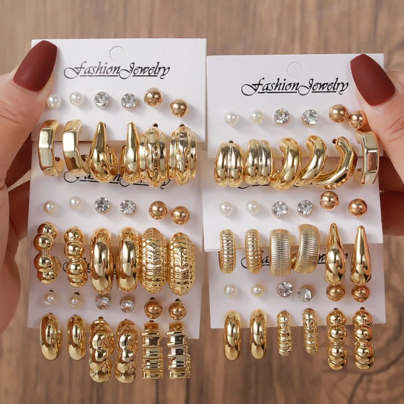 

Popular Geometric Earnail Earring Set Imitation Pearl Dot Diamond Charm Electroplating CCB Earrings Women's Jewelry
