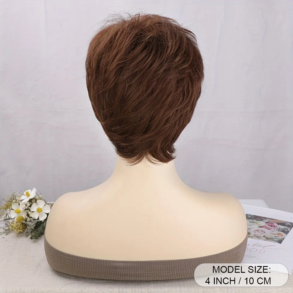 Perucas curtas de corte pixie curto marrom escuro perucas de cabelo fofas naturais em camadas de 4 polegadas