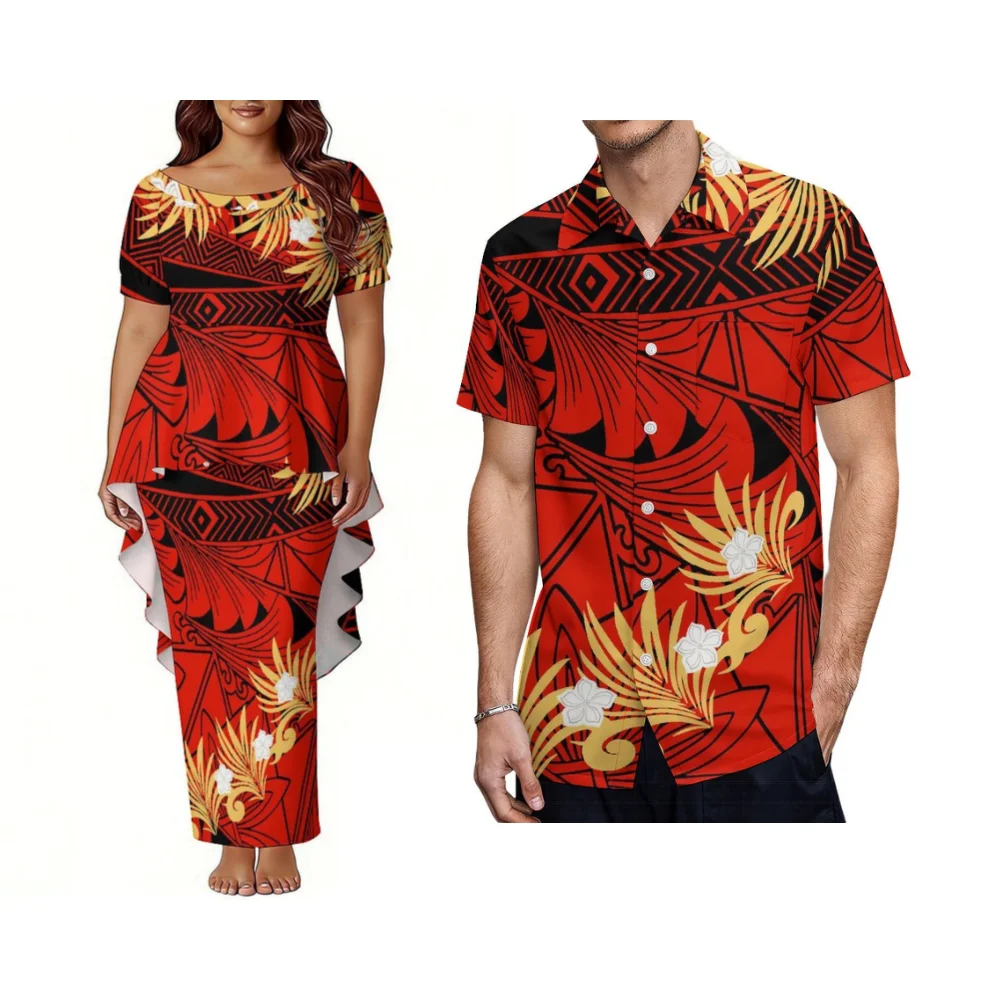 Summer Polynesian Custom Couple'S Dress With Bubble Sleeves And Fitted Waist Puletasi Ladies' Andmen'S Tailoring Skirt And Shirt