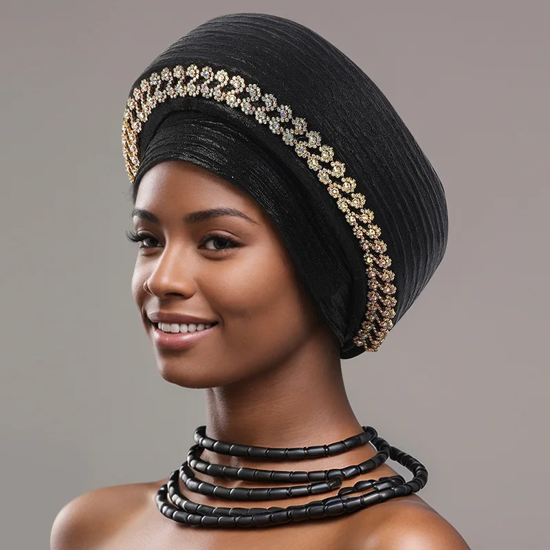 

2025 New African Headtie Turban Nigeria Head Ties with Beading Already Made Auto Gele Women Head Wraps for Wedding Party