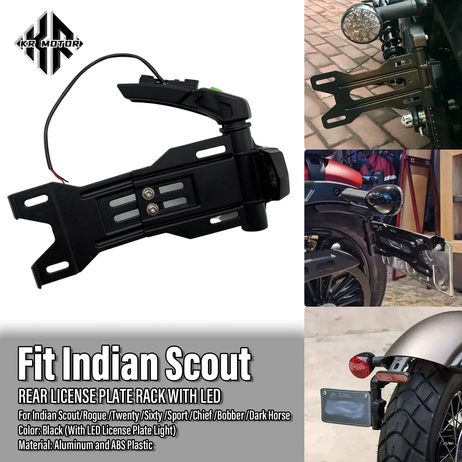KR MOTO Fit For Indian Scout Rogue Twenty Sixty Sport Chief Bobber Dark Horse Rear License Plate Rack Black With LED Plate Light