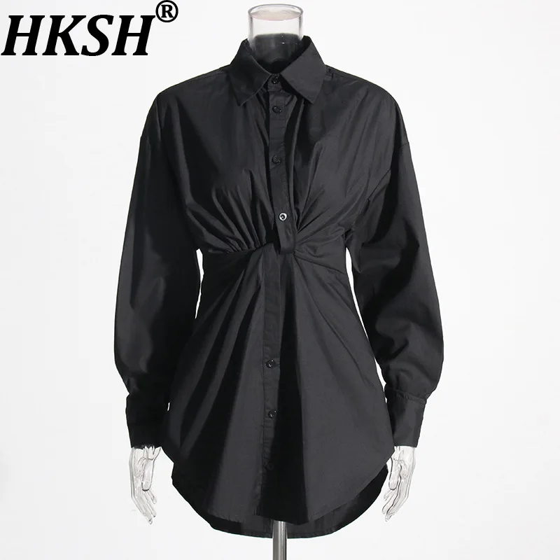 

HKSH Women Shirt Solid Color Slim Fit Twisted Pleated Long Sleeves Single Breasted Korean Minimalist Elegant Tops Spring HK22177